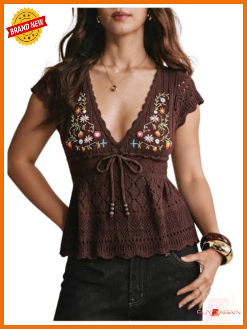 Boho Floral Embroidery Openwork Knit Top Drawstring Ruffle Hem